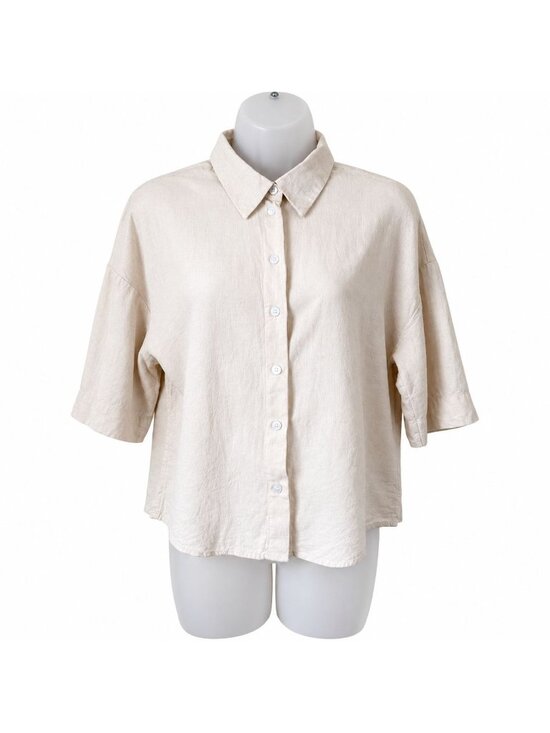 H&M Tops - H&M Linen Blend Button Down Shirt Beige Short Sleeve Relaxed Top Womens XS Casua